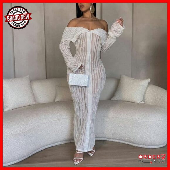 Sexy Off Shoulder Maxi Dress Mesh Flare Sleeve Bodycon Party - Picture 3 of 6